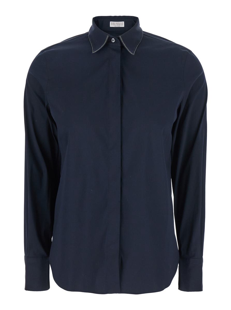 Blue Shirt With Pointed Collar And Monil Detail On The Collar In Cotton Blend Woman