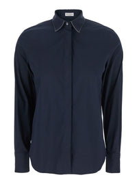 Blue Shirt With Pointed Collar And Monil Detail On The Collar In Cotton Blend Woman