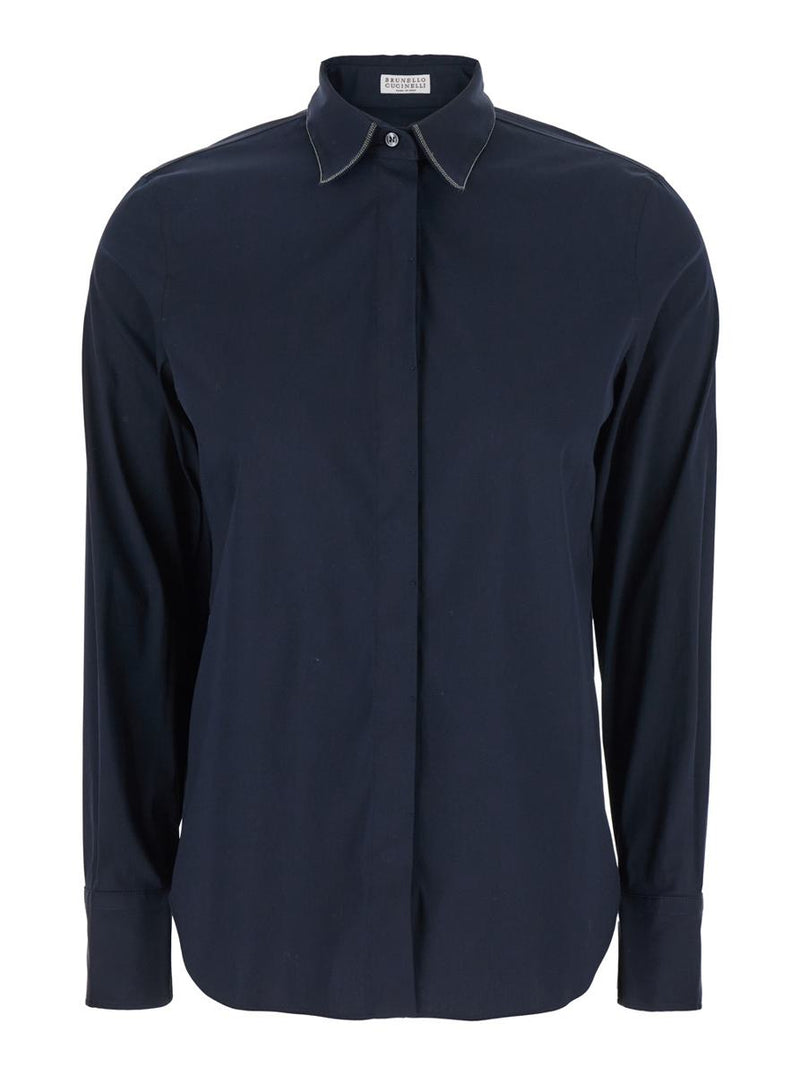 Blue Shirt With Pointed Collar And Monil Detail On The Collar In Cotton Blend Woman