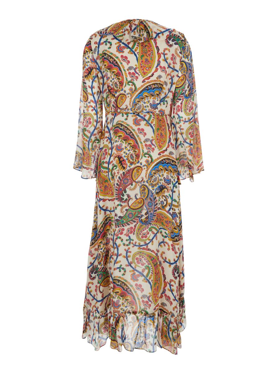 Multicolor Long Dress With V Neck And All-Over Paisley Motif In Silk Woman