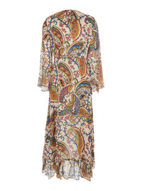 Multicolor Long Dress With V Neck And All-Over Paisley Motif In Silk Woman