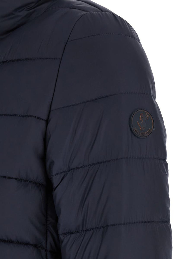 'Lydia' Blue Down Jacket With High Neck And Logo Patch On The Sleeve In Tech Fabric Woman