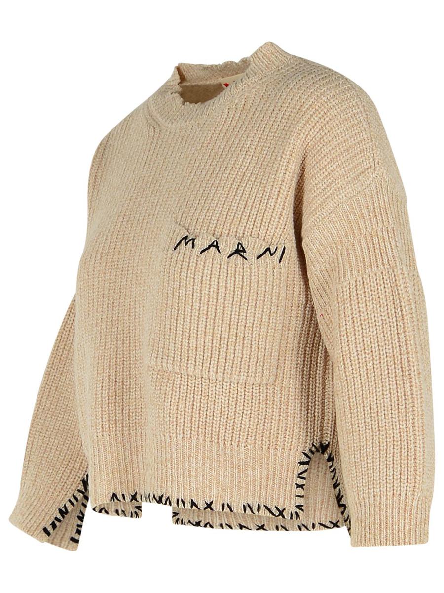 Marni Beige Mouliné Virgin Wool Sweater With 'Marni Mending' Embroidery