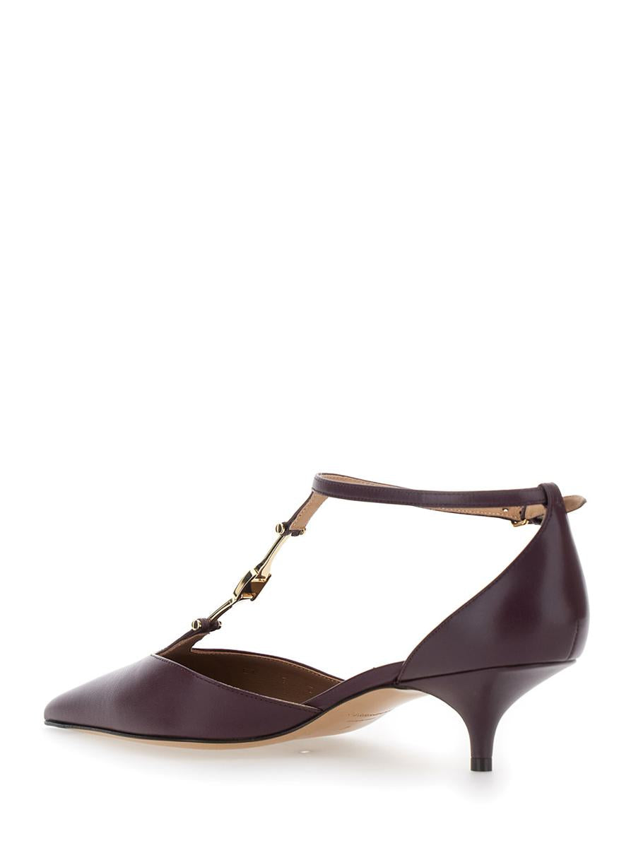 Bordeaux Pumps With T Strap And Low Heel In Leather Woman