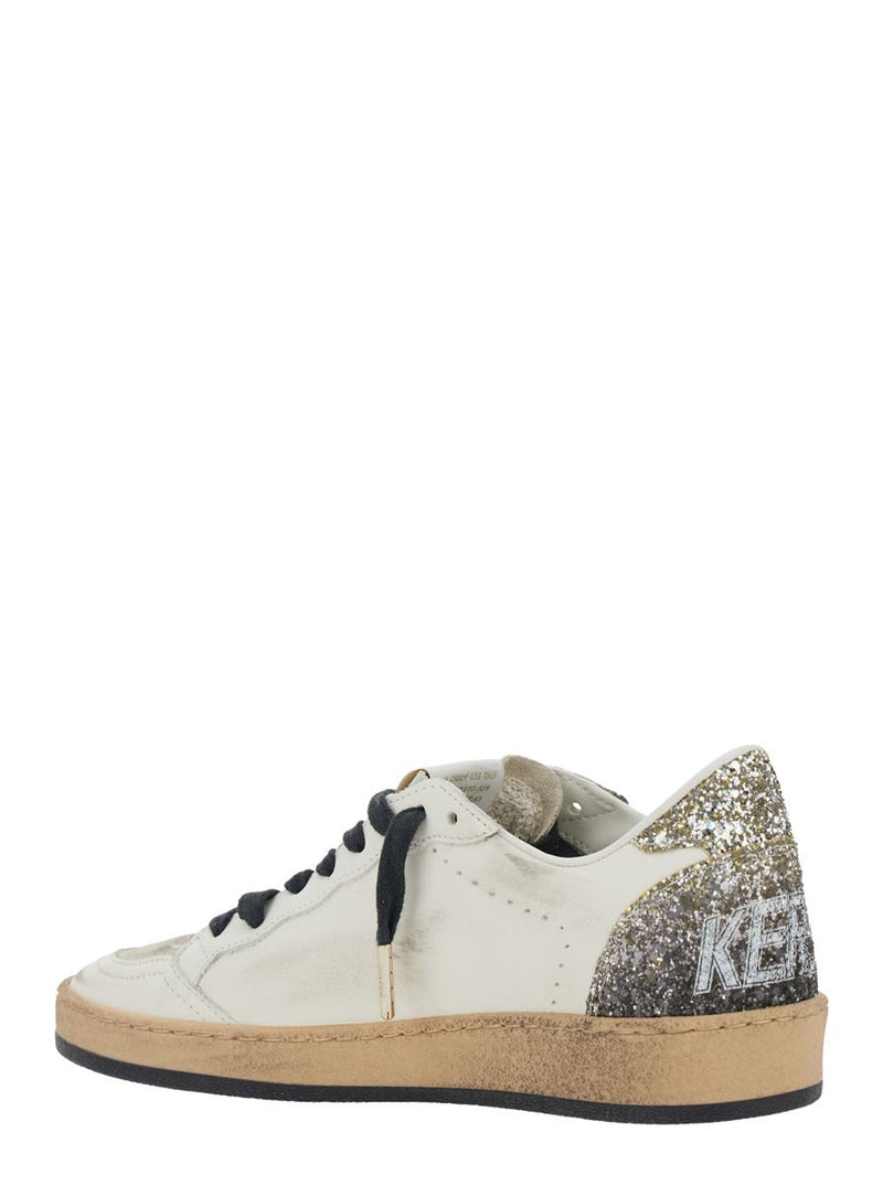 'Ballstar' White Low Top Sneakers With Glittered Star Patch On The Side And Glittered Heel With Logo Lettering In Leather Woman