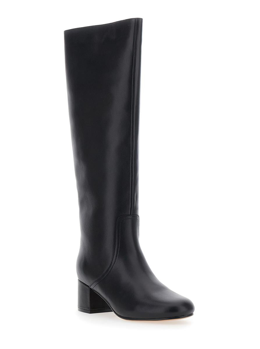 Black Knee High Boots With Round Toe In Leather Woman