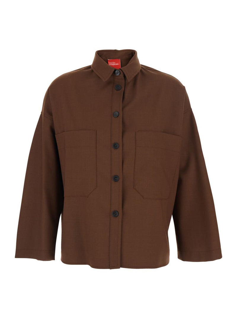 Brown Shirt With Classic Collar And Patch Pockets In Cotton Blend Woman