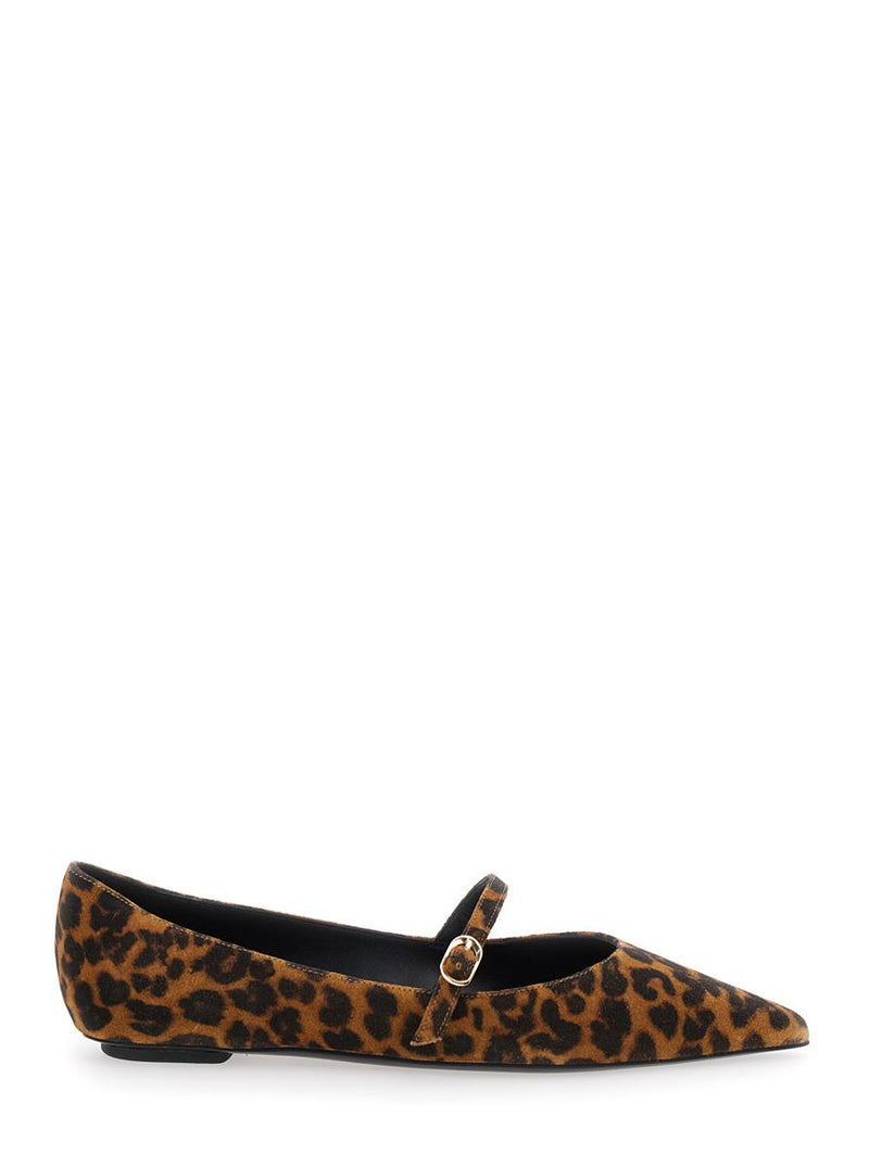 'Emilia' Brown Ballet Shoes With Adjustable Strap Closure And All-Over Leopard Motif In Suede Woman