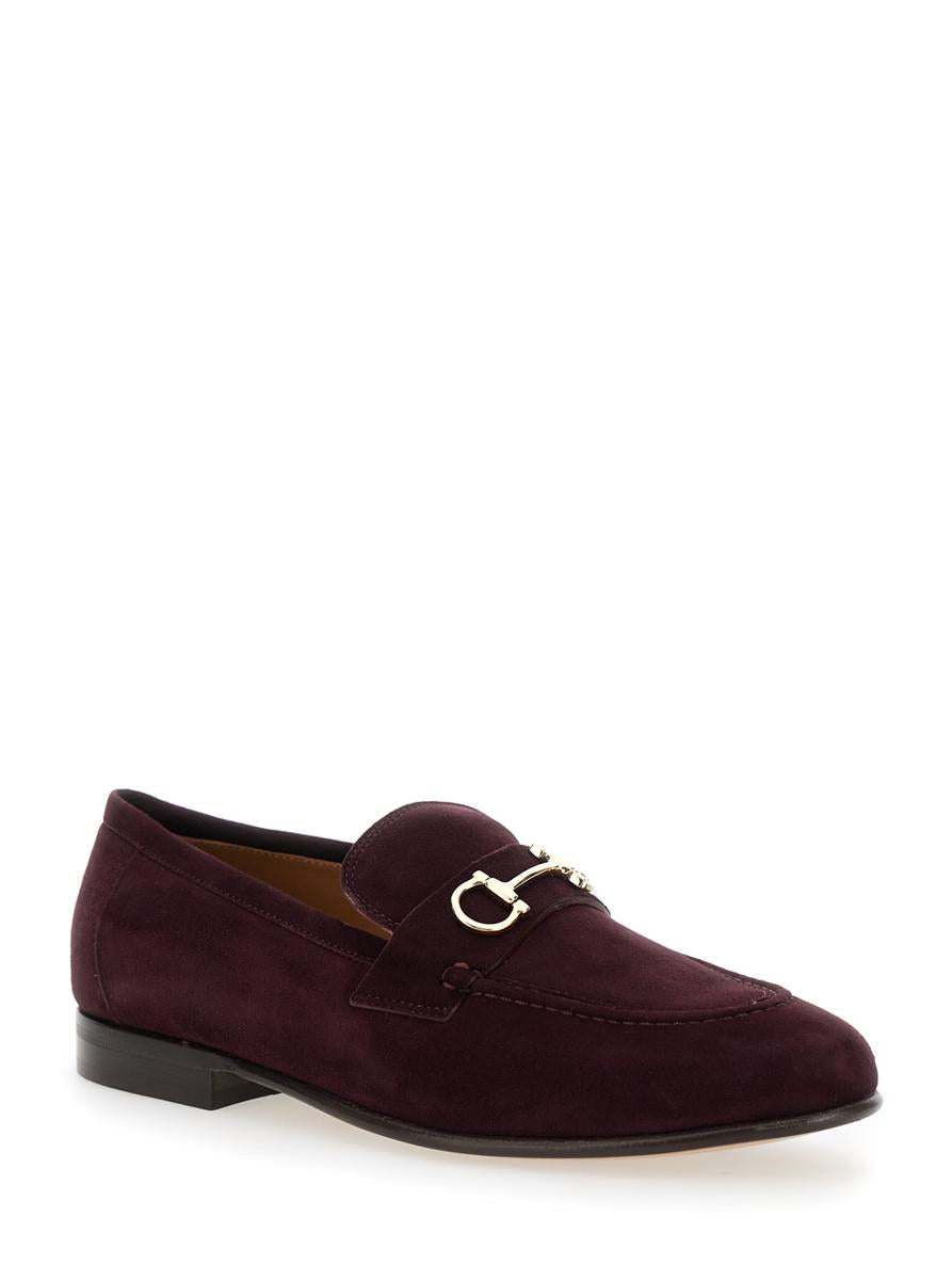 Bordeaux Loafers With Gancini Plaque On The Front And Low Heel In Suede Woman