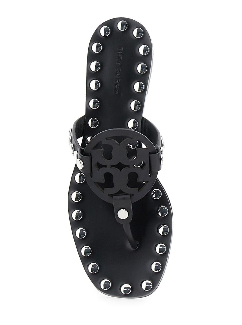 Black Thong Sandals With Logo On The Front And Stud Embellishments In Leather Woman