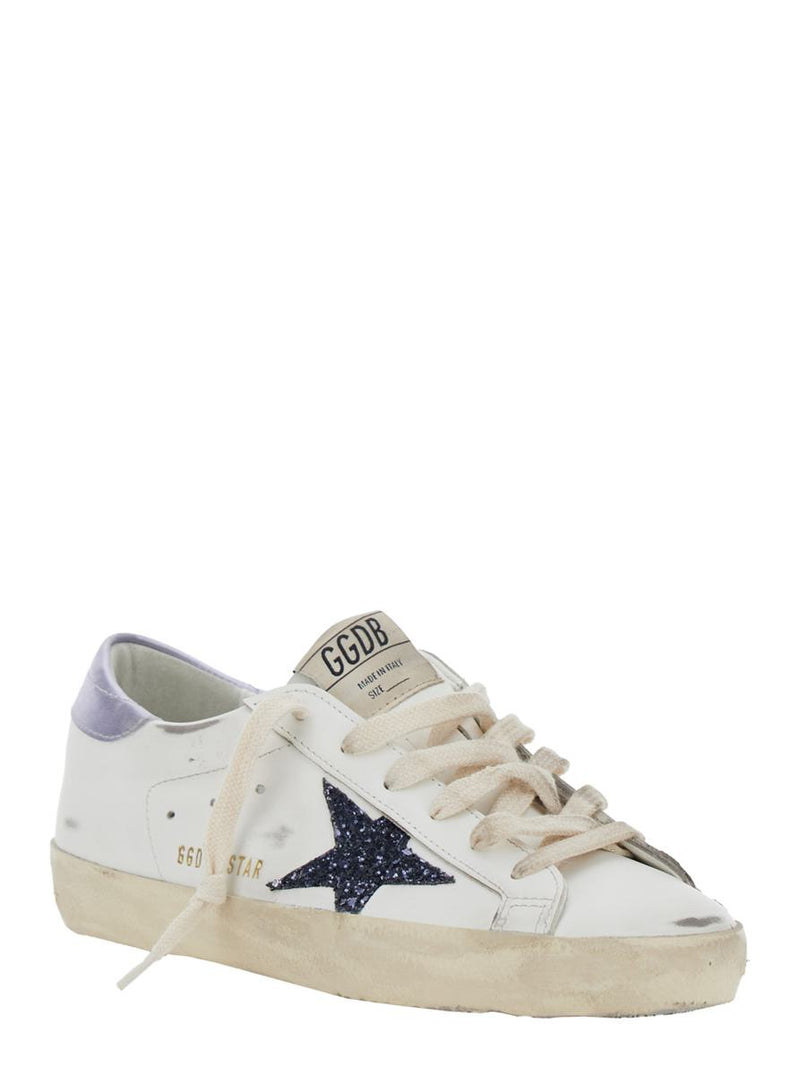 'Superstar' White Low Top Sneakers With Glittered Star Patch And Laminated Heel With Logo Lettering In Leather Woman