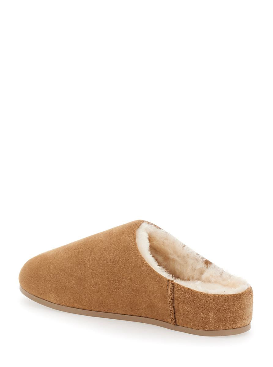 'Elea' Beige Mules With Logo Lettering On The Side And Shearling Lining In Suede Woman