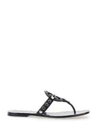 Black Thong Sandals With Logo On The Front And Stud Embellishments In Leather Woman