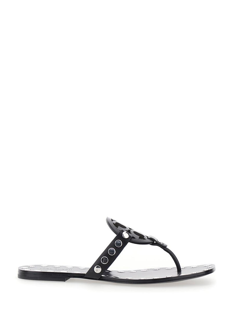 Black Thong Sandals With Logo On The Front And Stud Embellishments In Leather Woman