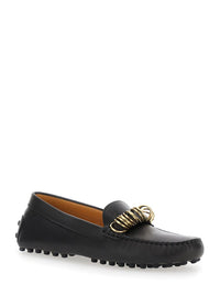 Black Loafers With Ring Detail On The Front And Rubber Sole In Leather Woman