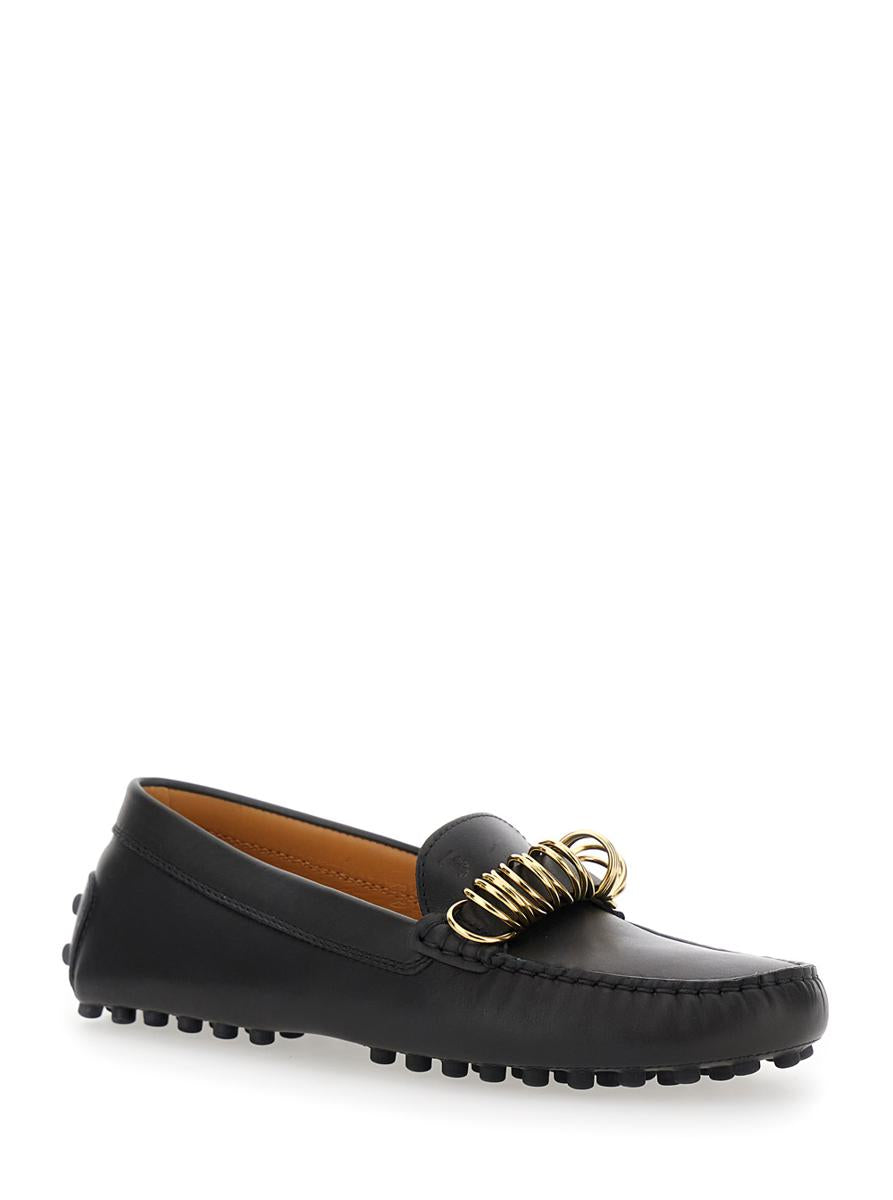Black Loafers With Ring Detail On The Front And Rubber Sole In Leather Woman