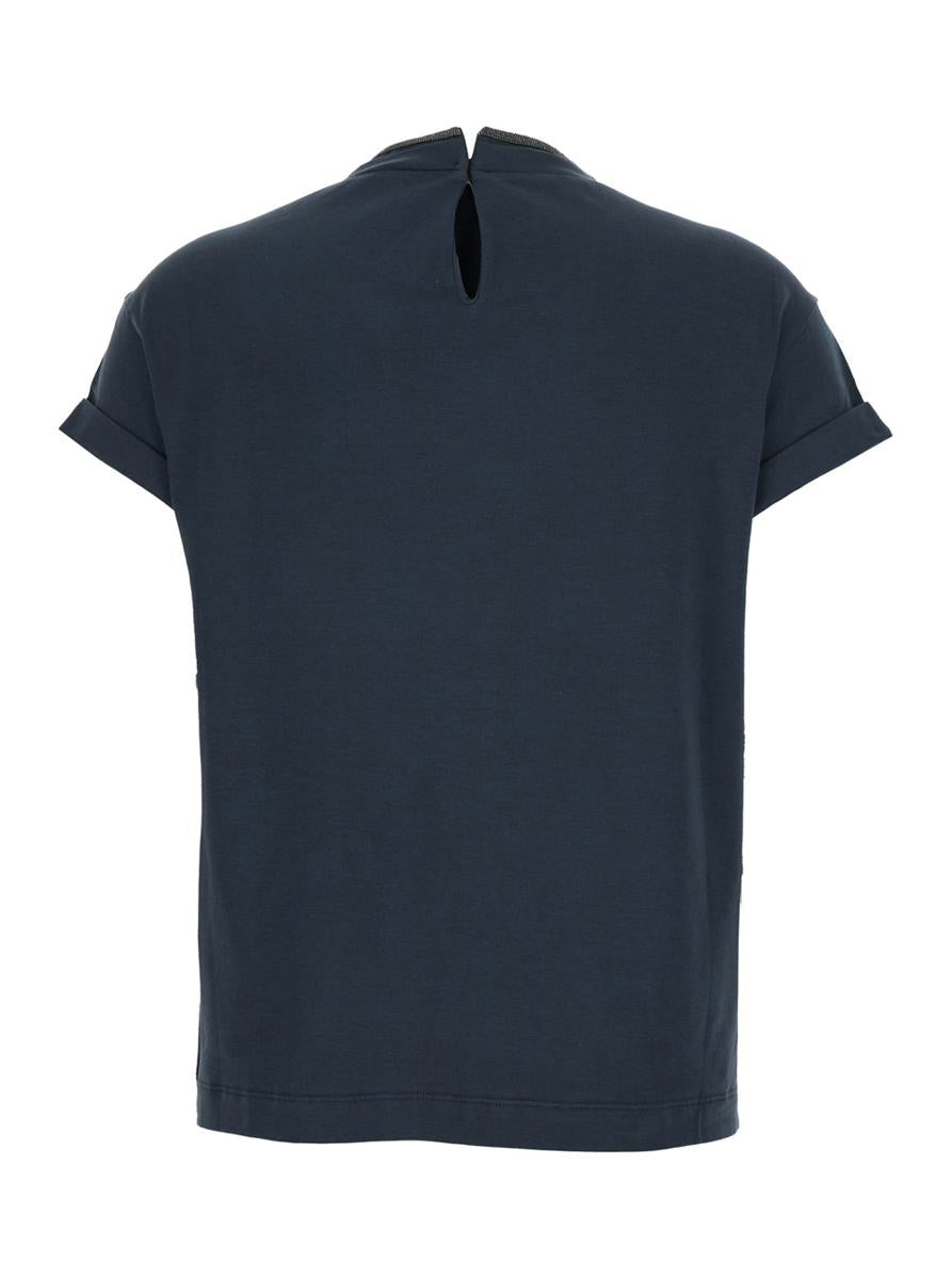 Blue Crewneck T-Shirt With Monil Detail On The Collar And Rear Cut-Out In Cotton Stretch Woman