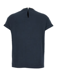 Blue Crewneck T-Shirt With Monil Detail On The Collar And Rear Cut-Out In Cotton Stretch Woman