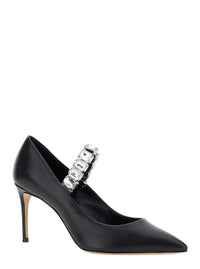 Black Pumps With Crystal Embellished Strap And High Stiletto Heel In Leather Woman
