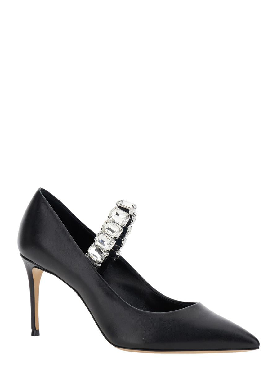 Black Pumps With Crystal Embellished Strap And High Stiletto Heel In Leather Woman