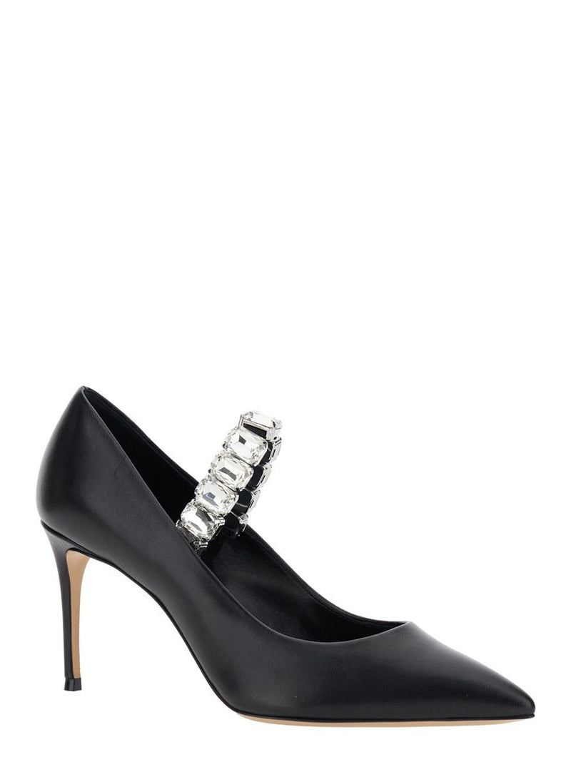 Black Pumps With Crystal Embellished Strap And High Stiletto Heel In Leather Woman