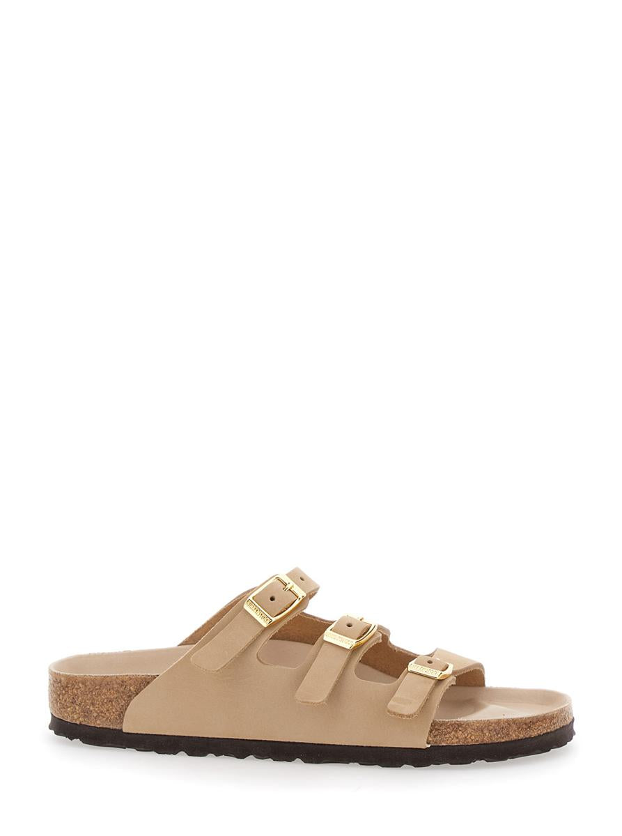 'Florida' Beige Sandals With Buckle With Logo Lettering In Leather Woman