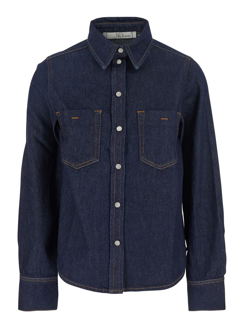 'Ben' Blue Shirt With Pointed Collar And Two Front Patch Pockets In Denim Woman