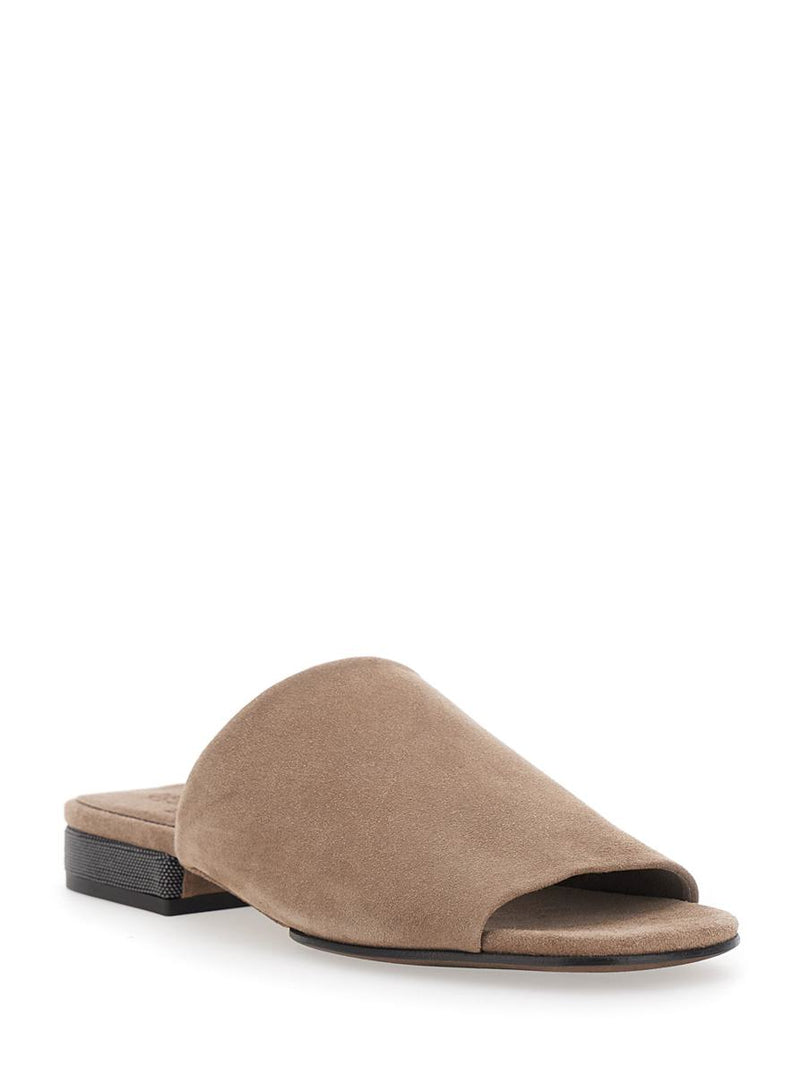 Beige Sandals With Monil Detail On The Heel In Suede Woman