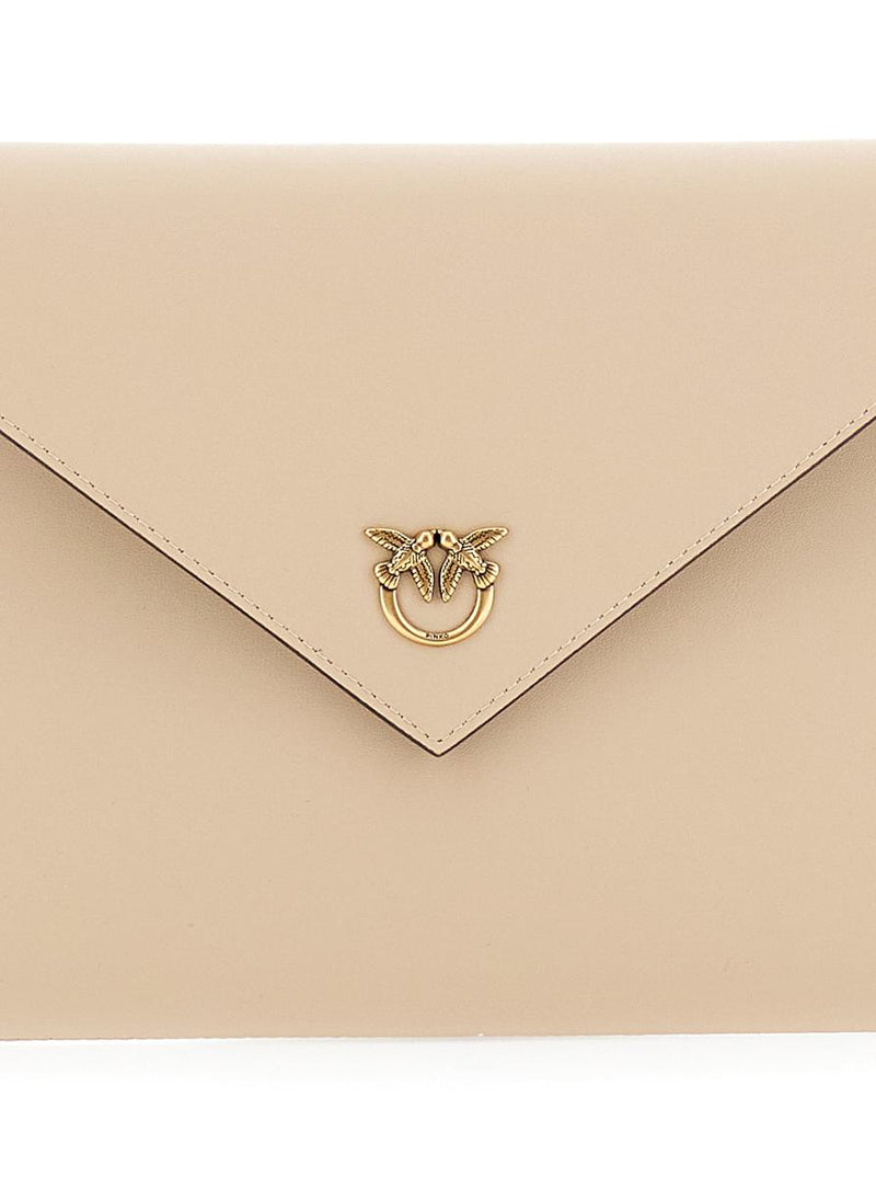 Beige Clutch Bag With Metal Plate And Love Birds Logo In Leather Woman