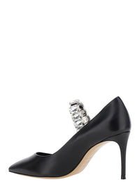 Black Pumps With Crystal Embellished Strap And High Stiletto Heel In Leather Woman