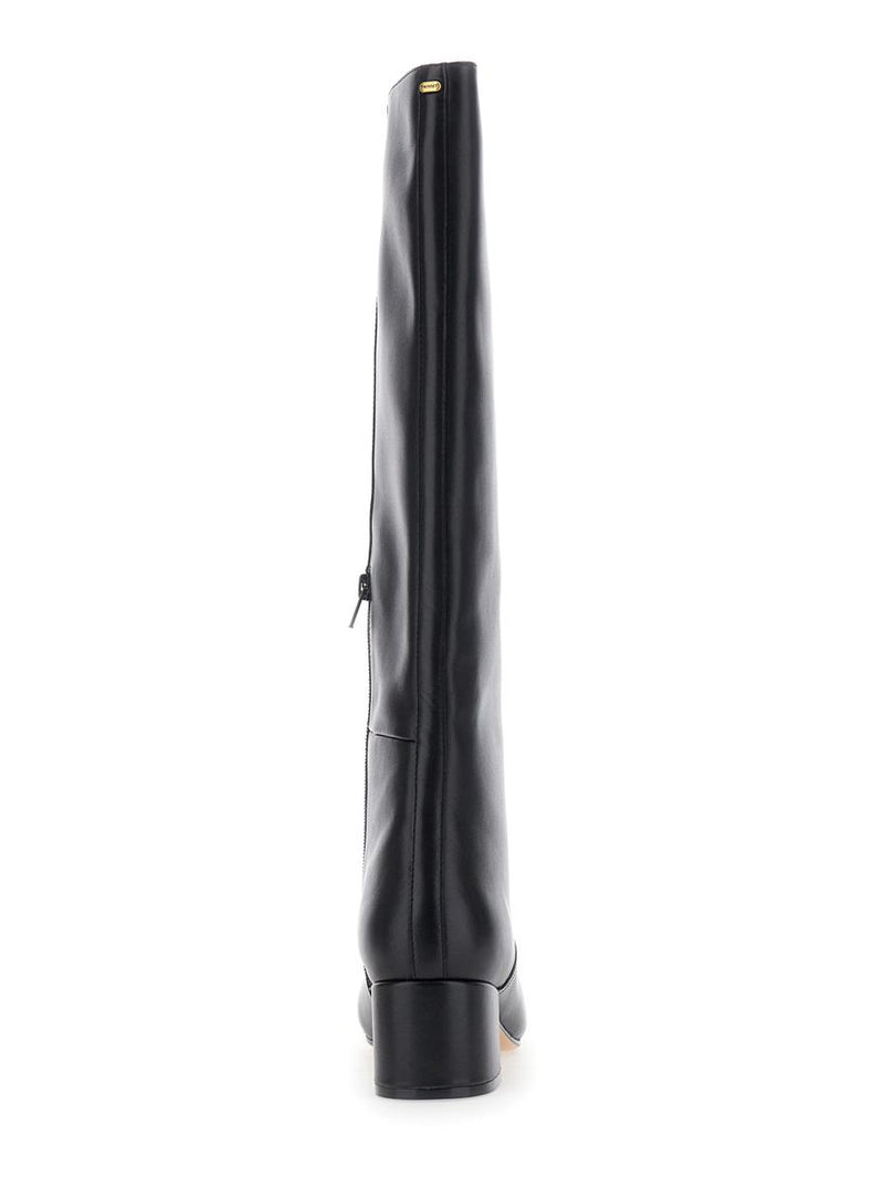 Black Knee High Boots With Round Toe In Leather Woman