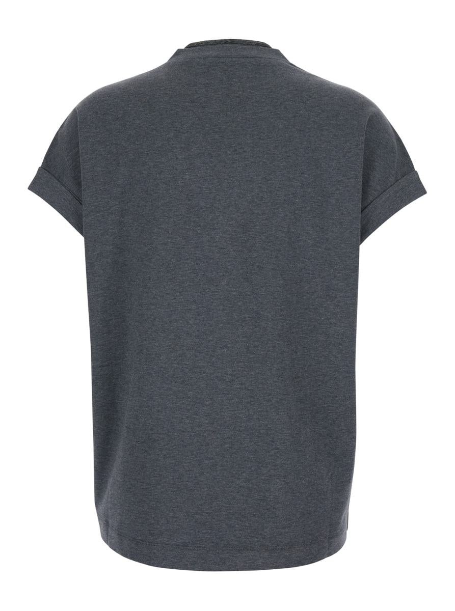Grey V-Neck T-Shirt With Monile Detail On The Front In Cotton Woman