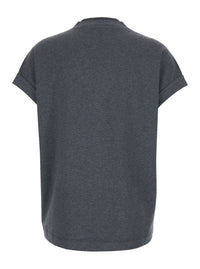Grey V-Neck T-Shirt With Monile Detail On The Front In Cotton Woman