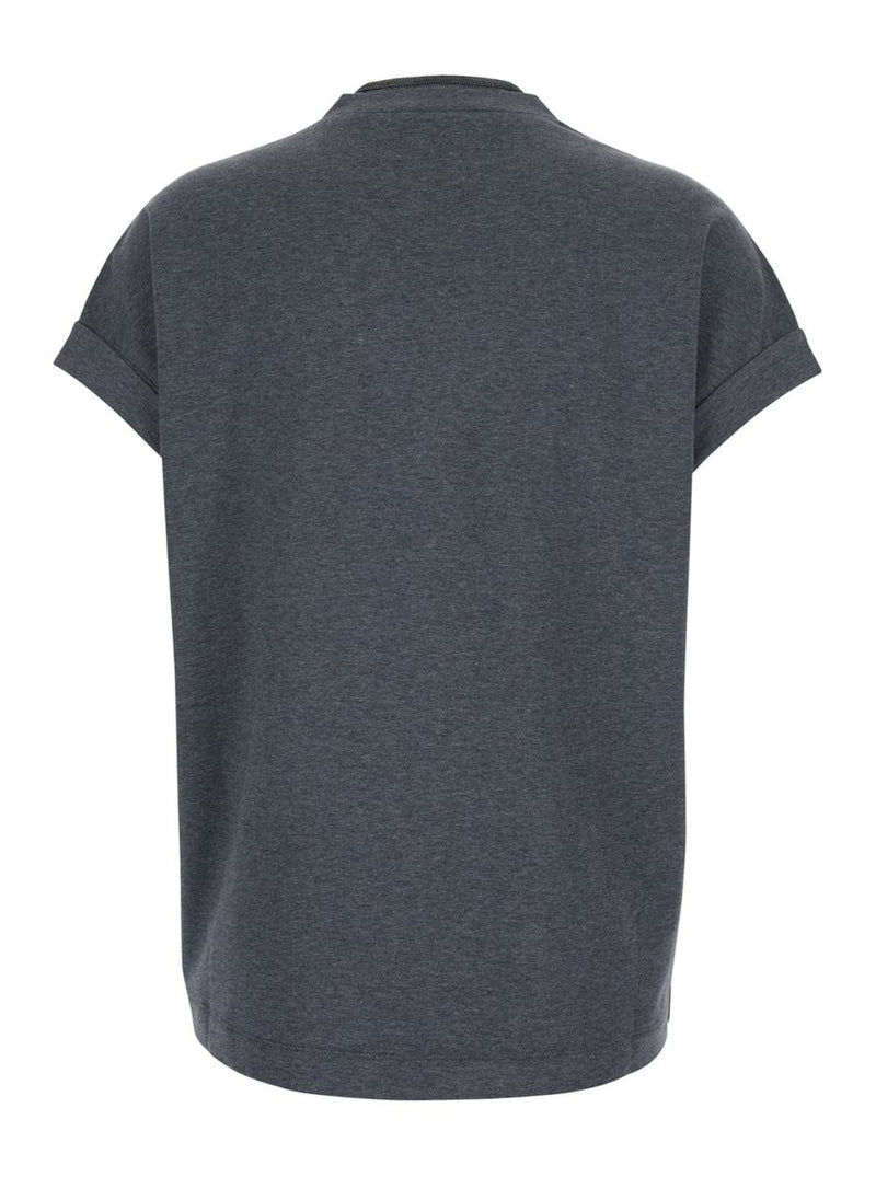 Grey V-Neck T-Shirt With Monile Detail On The Front In Cotton Woman