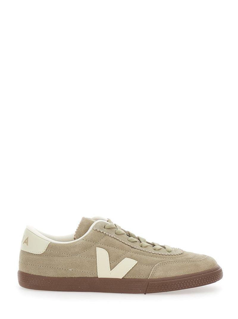 'Panenka' Beige Low Top Sneakers With Logo Patch On The Side And Contrasting Heel With Logo Lettering In Leather Unisex