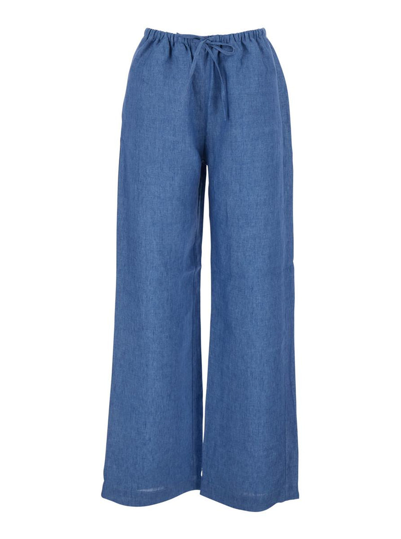 Blue Pants With Elastic Drawstring Waist And Wide Leg In Linen Woman