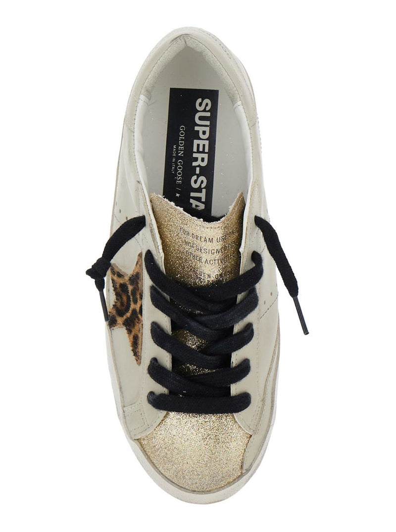 'Superstar' White Low Top Sneakers With Glittered Star Patch And Laminated Heel With Logo Lettering In Leather Woman