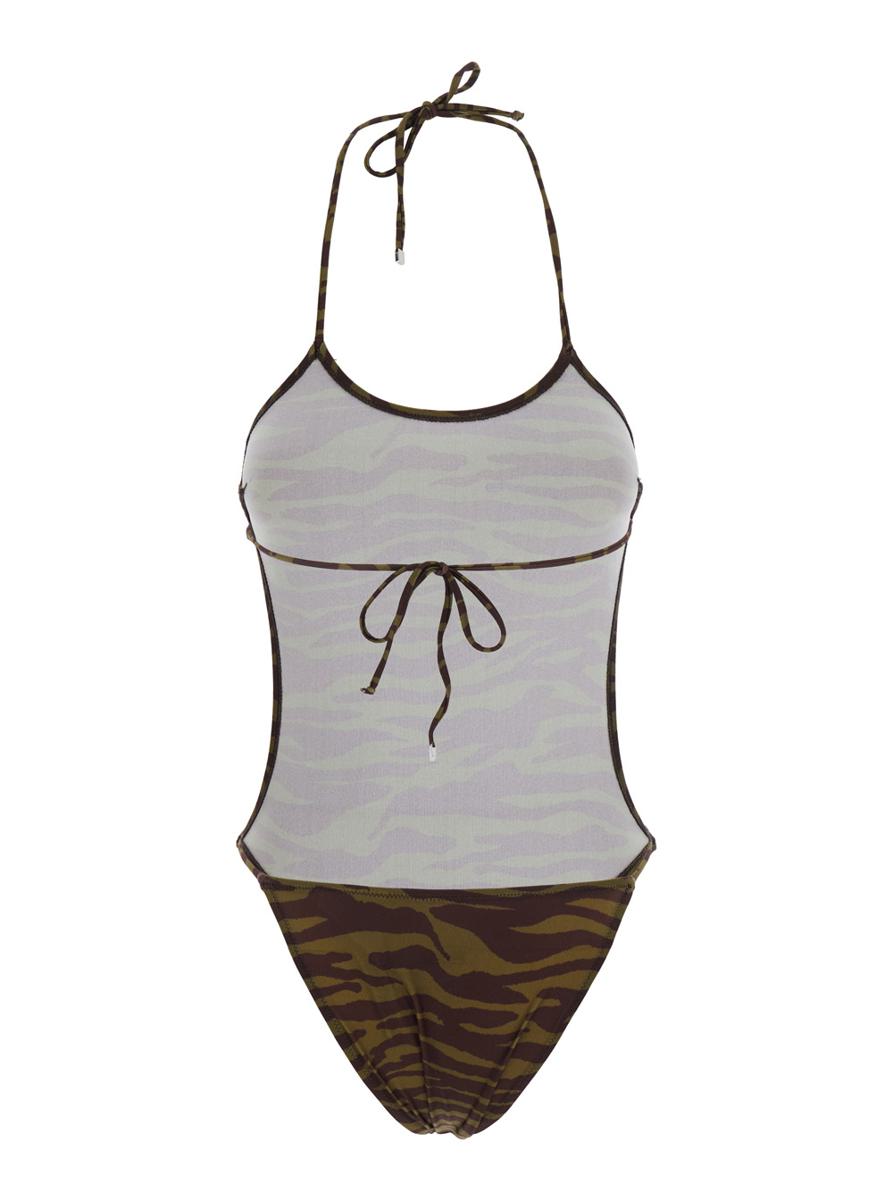 Green Swimsuit With Halterneck With Tie And All-Over Print In Tech Fabric Stretch Woman