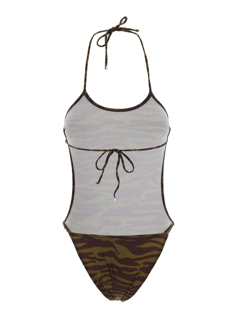 Green Swimsuit With Halterneck With Tie And All-Over Print In Tech Fabric Stretch Woman