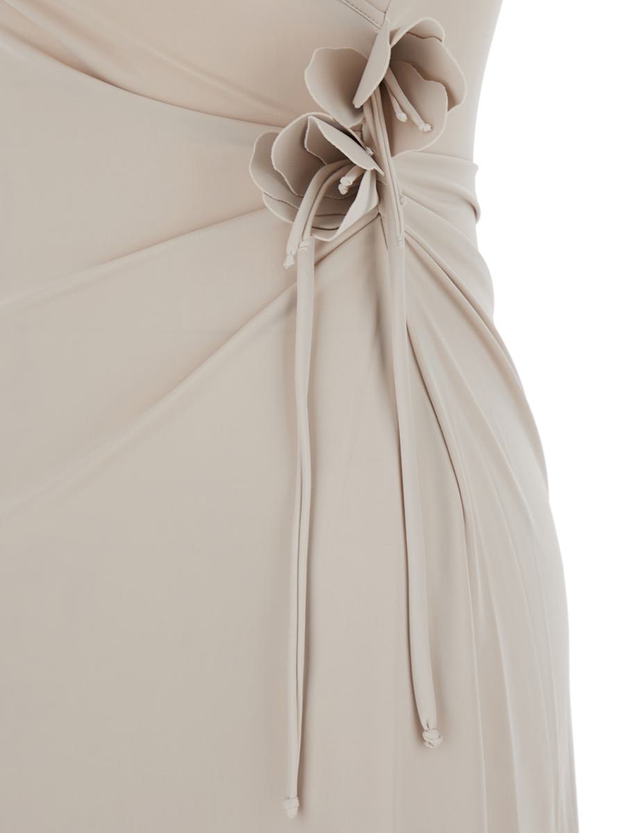 Beige Asymmetric One-Shoulder Dress With Flower Detail And Single Side Slit In Tech Fabric Woman