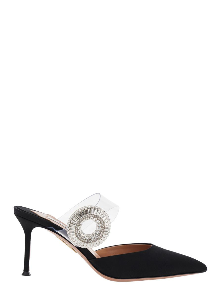 Black Slingback Mules With Crystal Embellishment And Transparent Strap In Suede Woman