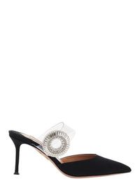 Black Slingback Mules With Crystal Embellishment And Transparent Strap In Suede Woman