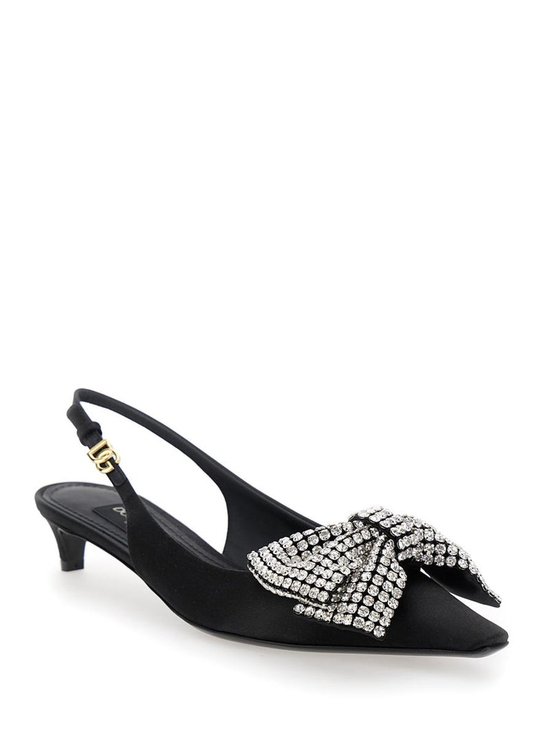 Black Slingback Pumps With Rhinestone Bow Detail In Silk Blend Woman
