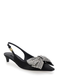 Black Slingback Pumps With Rhinestone Bow Detail In Silk Blend Woman