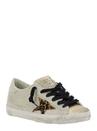 'Superstar' White Low Top Sneakers With Glittered Star Patch And Laminated Heel With Logo Lettering In Leather Woman