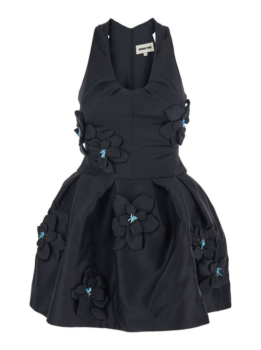 Black Sleeveless Pleated Dress With Round Neck And Floral Embroidery In Fabric Woman