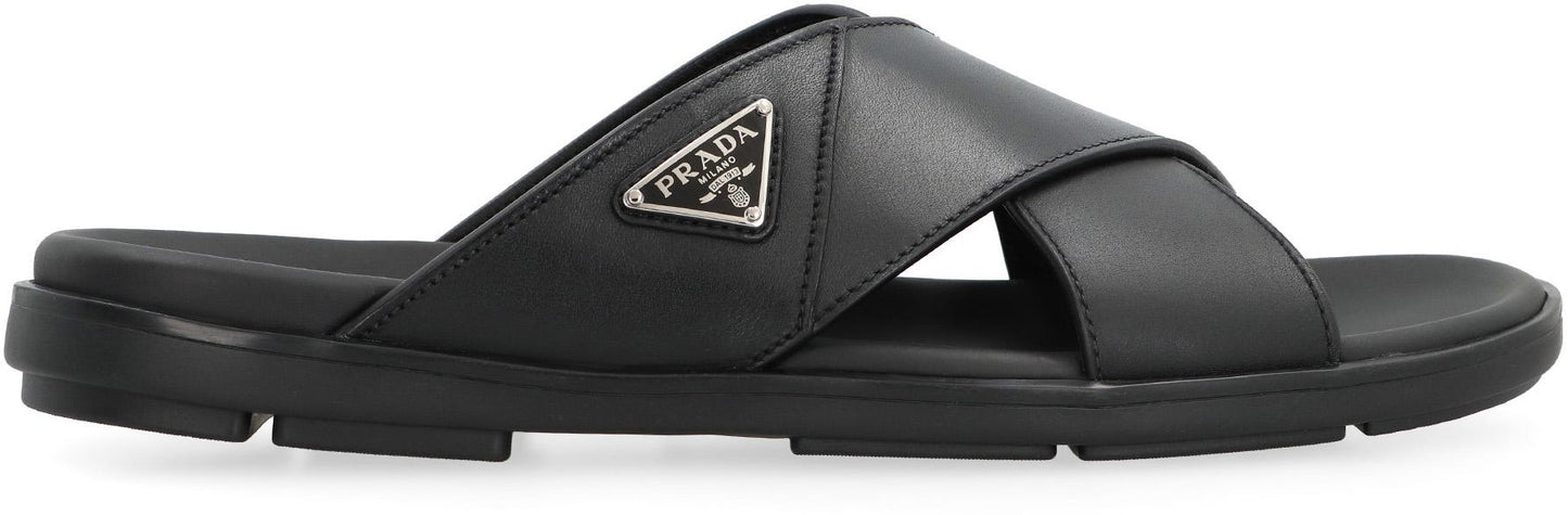Prada Leather Slides With Logo