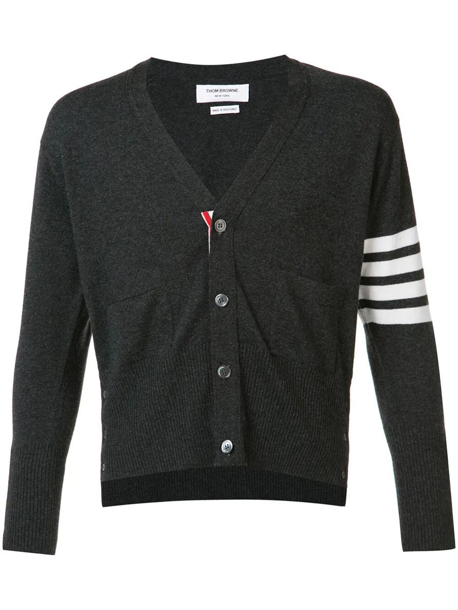 Thom Browne Classic Short V Neck Cardigan With White 4 Bar Stripe In Cashmere Clothing