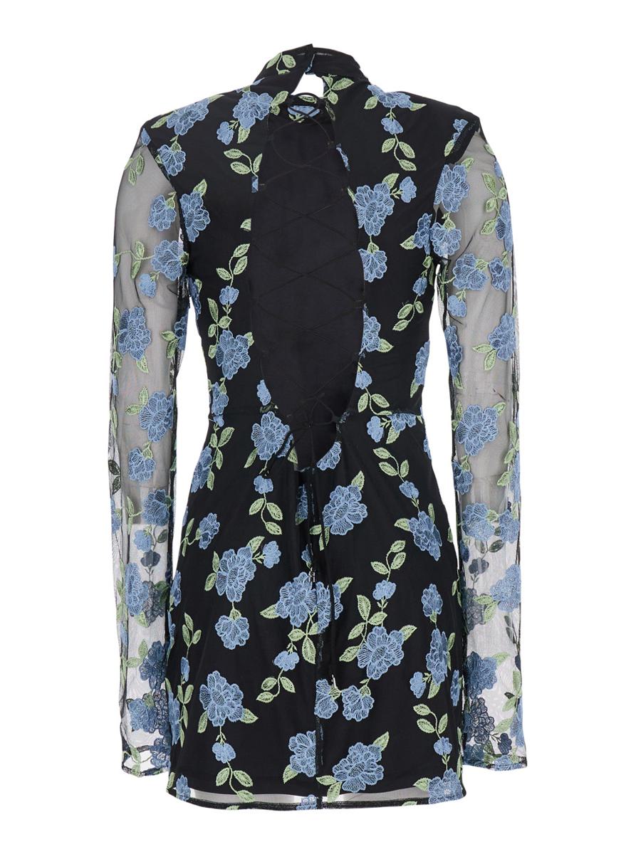 Black High Neck Mini Dress With Semi Sheer Sleeves And All-Over Floral Motif In Tech Fabric Woman