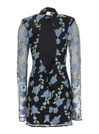 Black High Neck Mini Dress With Semi Sheer Sleeves And All-Over Floral Motif In Tech Fabric Woman